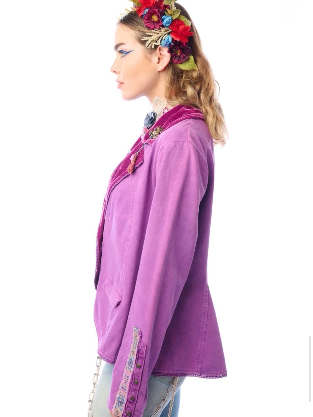 Aratta Colonel Velvet-Trim Blazer Jacket in Violet #boho #cottagecore #tailored - Picture 6 of 8